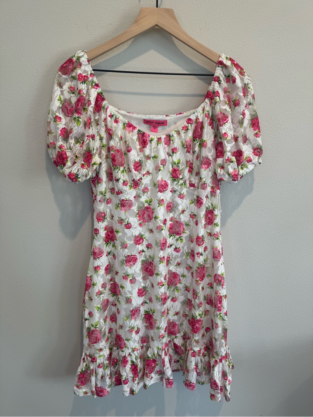 Betsey Johnson Goldie Floral Mini Dress Puff Sleeve Smocked Y2K Large